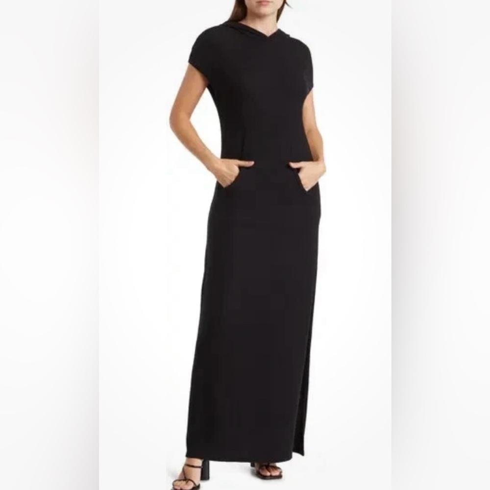 New Women's  Go Couture Black Short Sleeve Hoodie Dress Size Large